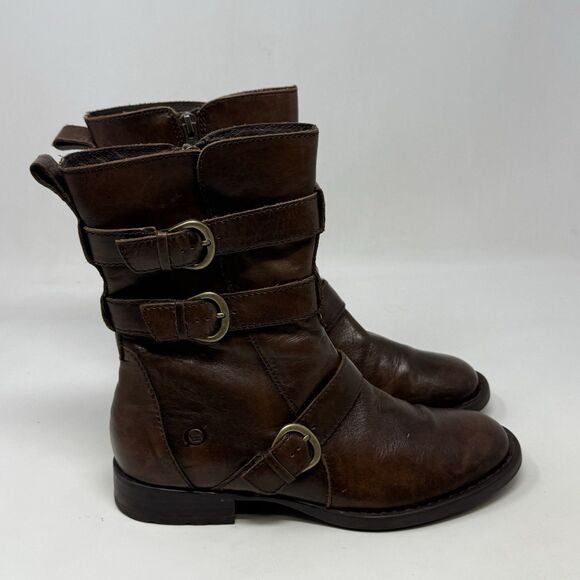 Born Mayne Boots Womens 7 M Brown Leather Distressed Side Zipper Buckles Biker - Picture 2 of 16